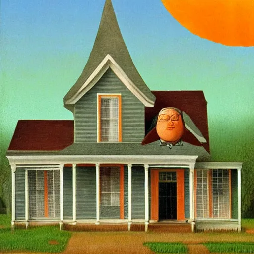 Image similar to fat orange tabby cat in american gothic by grant wood