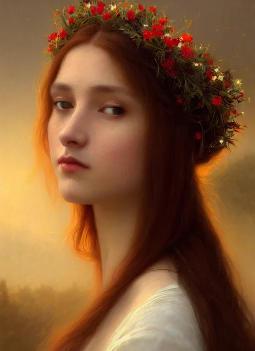 Prompt: oil painting close up portrait of a beautiful young woman with long flowing straight red hair, wearing a crown of wildflowers!! at sunset, hazy, digital art, chiaroscuro, artstation, cinematic, golden hour, digital art painting by greg rutkowski, william - adolphe bouguereau, hazy atmosphere, cinematic lighting