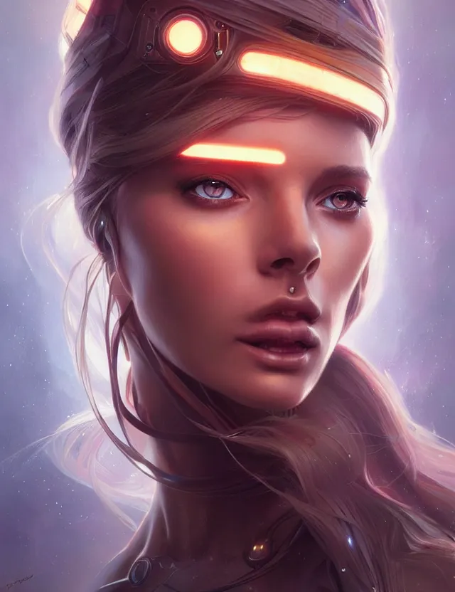 Image similar to futuristic woman portrait, sci-fi, amber eyes, face, long hair, fantasy, intricate, elegant, highly detailed, digital painting, artstation, concept art, smooth, sharp focus, illustration, art by artgerm and greg rutkowski and alphonse mucha