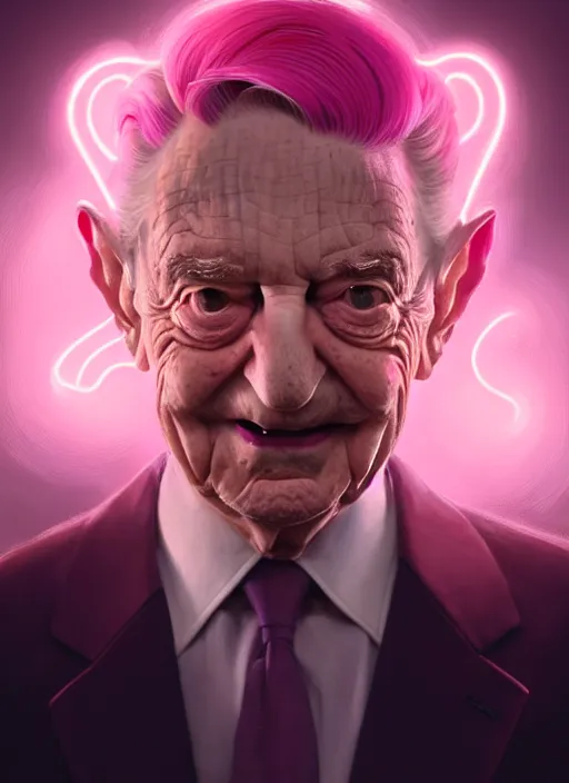 Image similar to portrait of george soros, realistic, smile, ugly, defined jawline, pink hair bow, intricate, elegant, glowing lights, highly detailed, digital painting, artstation, sharp focus, illustration, art by wlop, mars ravelo and greg rutkowski