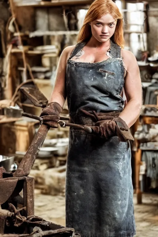 Image similar to female blacksmith, extremely burly. strawberry - blonde hair, many freckles. face resembles natalia vodianova, but body is very burly, broadshouldered, thicklimbed, like a blacksmith. she is fully clothed in her work clothes. she is very strong.