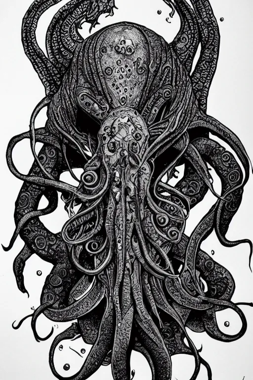 Prompt: black ink on paper, illithid cthulhu, trending on artstation, beautiful, intricate, detailed