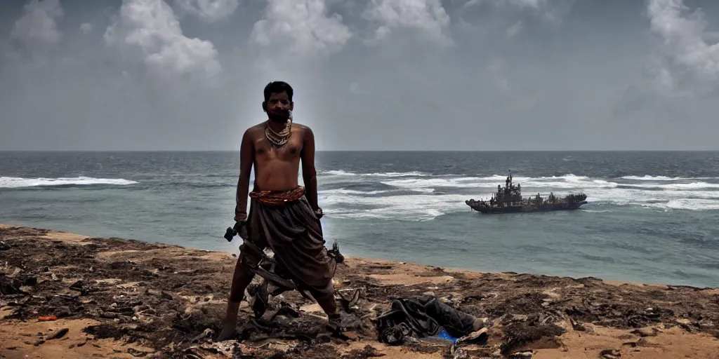 Image similar to sri lankan mad max style, ocean, big ship, film still, epic shot cinematography, rule of thirds