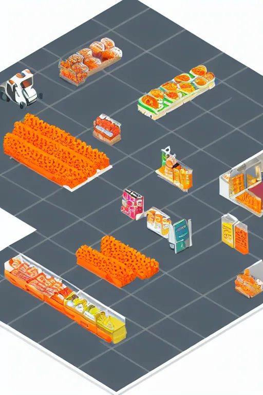 Prompt: isometric drawing of small orange frozen food shop