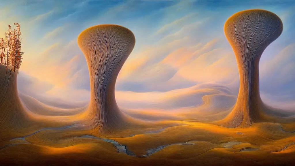 Image similar to surreal landscape, surrealism, poplar tree river valley at sunrise, swirly sky, esao andrews, victor enrich, dali