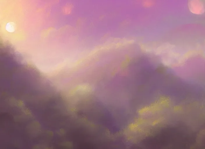 Prompt: placid pastel morning cute cluttered painterly fluffy tiny cramped dusty attic, slanted roof, tiny space, particulate, trending on pixiv
