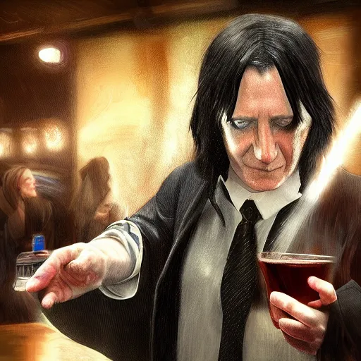 Prompt: Severus Snape is dancing in a bar, realistic, digital painting, artstation, cyberpunk
