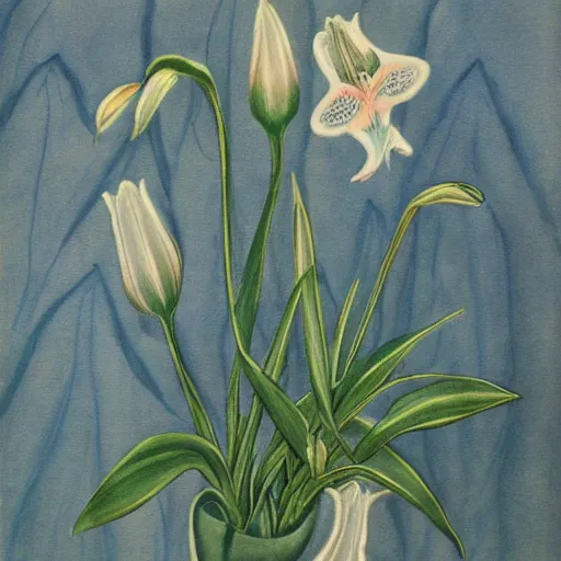 Image similar to a painting of lilies in the style of judy woodborn, copperplate etching