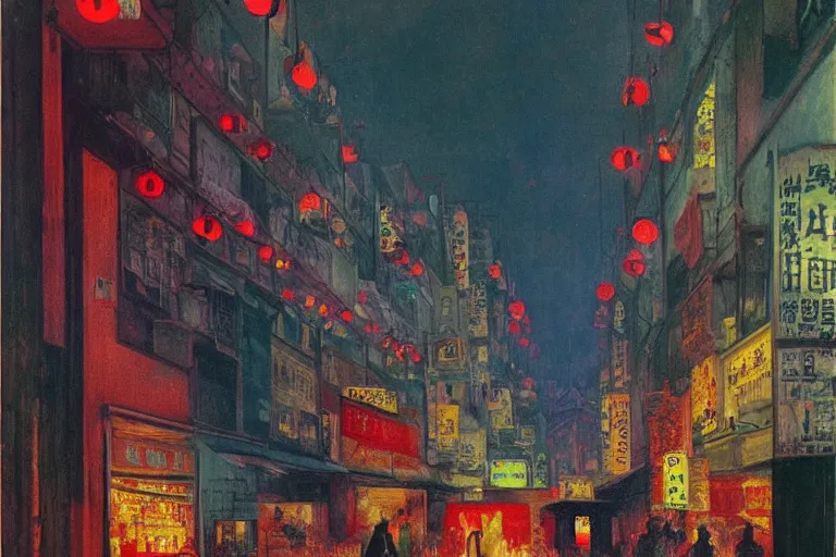 Image similar to dream festival, revelers playing games and shopping at a night market, low angle view from a city street lined with shops and apartments, glowing street signs, city like hong kong, tokyo, barcelona, oil painting by edvard munch, beksinski