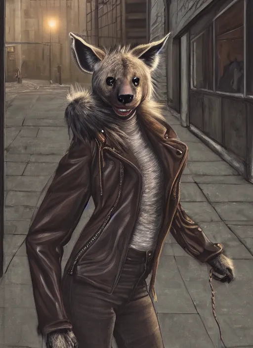 Image similar to award winning beautiful portrait commission of a female furry anthro hyena fursona with a bushy tail and a leather jacket, detailed background, urban streets, artificial lighting, cute, beautiful, attractive, detailed,