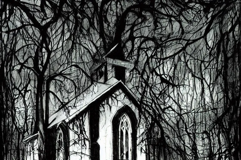 Image similar to mad horror painting of a old church in the woods by ben templesmith