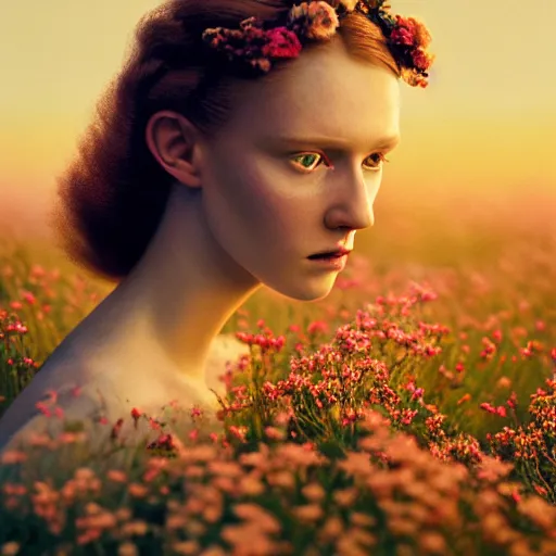 Prompt: photographic portrait of a stunningly beautiful english renaissance female in the waves of an undulating sea of flowers in soft dreamy light at sunset, soft focus, contemporary fashion shoot, hasselblad nikon, in a denis villeneuve movie, by edward robert hughes, annie leibovitz and steve mccurry, david lazar, jimmy nelsson, hyperrealistic, perfect face