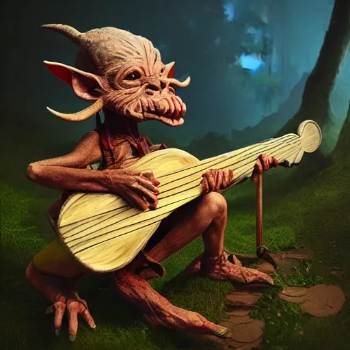 Image similar to a cute goblin playing a lute, in the style of boris valejo and patrick woodroffe, fantastic, dramatic lighting, forest, hyperrealistic, detailed, octane render