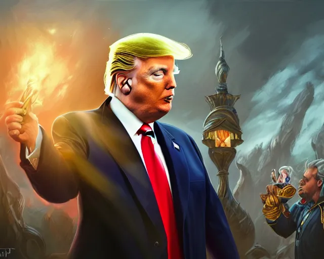 Image similar to photography of donald trump!!!!, deep focus, d & d, fantasy, intricate, elegant, highly detailed, digital painting, artstation, concept art, matte, sharp focus, illustration, hearthstone