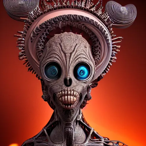 Image similar to a highly detailed photographic portrait of an alien, biomechanical sculpture, mandelbrot fractal, intricate, elegant, ornate, elegant, luxurious, beautifully lit, ray traced, octane 3D render in the style of Gerald Brom and James Gurney