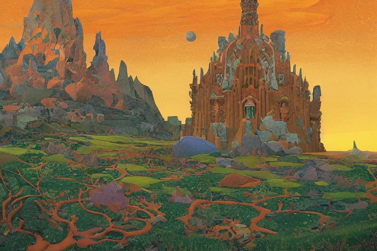 Prompt: the holy tower of the moon and stars and its surrounding gardens, dramatic cinematic lighting, ornate folk-art carved architecture, rich colors, by Nicholas Roerich and William Dyce and ford madox brown and April Gornik and Caspar David Friedrich and Diego Rivera and Tyler Edlin and Ivan Bilibin, featured on artstation