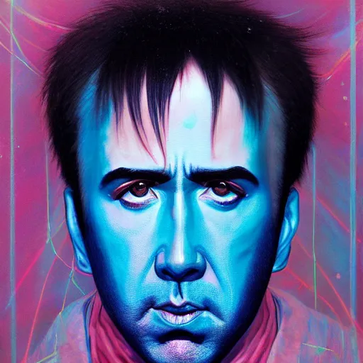 Image similar to prompt : blue nicolas cage illustration portrait soft light painted by james jean and katsuhiro otomo and erik jones, inspired by evangeleon anime, smooth face feature, intricate oil painting, high detail illustration, sharp high detail, manga and anime 1 9 9 9