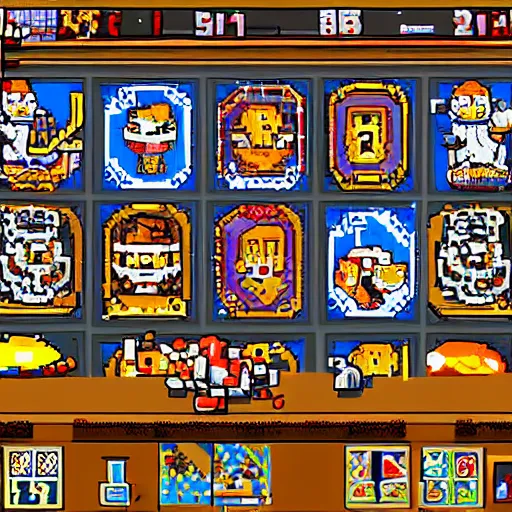Prompt: a pixel art roguelike game about battling slot machines