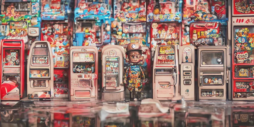 Image similar to closeup portrait of tin toy tokyo corner store and vending machines, depth of field, zeiss lens, detailed, centered, photoshoot, by nicoletta ceccoli, mark ryden, lostfish, breathtaking, 8 k resolution, extremely detailed, beautiful, establishing shot, artistic, hyperrealistic, octane render, - h 8 0 4