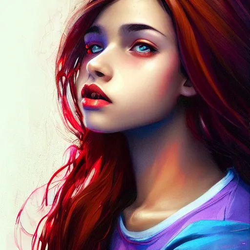 Image similar to colorful and festive captivating teenager with straight brown hair covering his eye, dark skin, big lips, big eyes, wearing a red t - shirt. rich vivid colors, ambient lighting, dynamic lighting, 4 k, atmospheric lighting, painted, intricate, highly detailed by charlie bowater