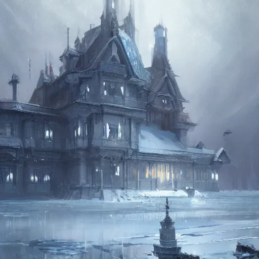 Prompt: Palace made of ice, concept art, by Greg Rutkowski, artstation