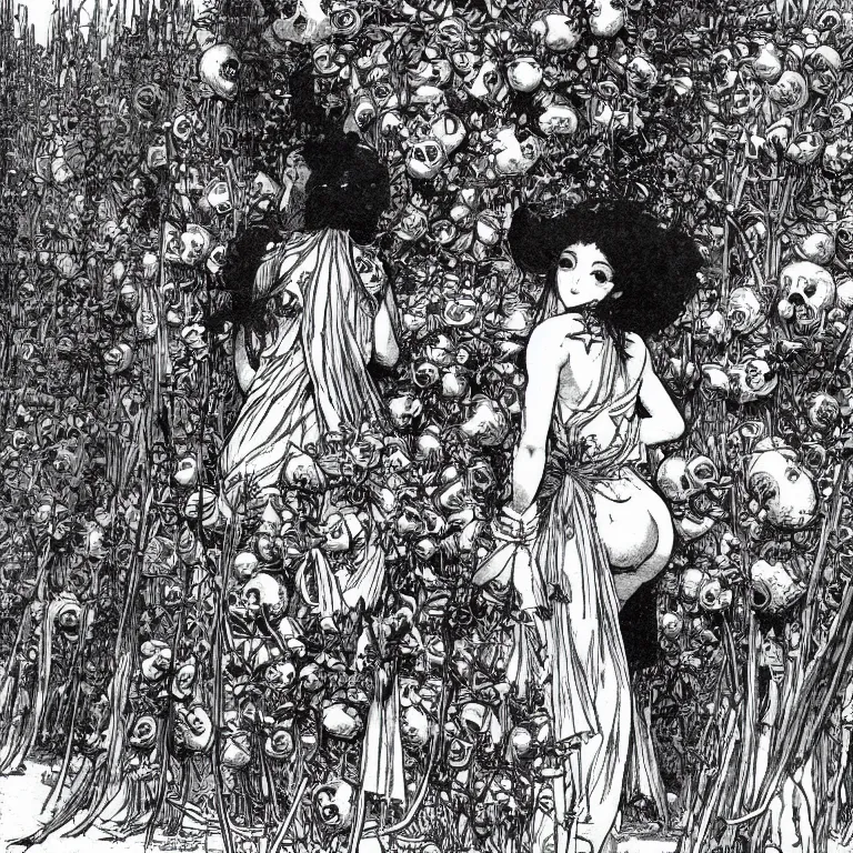 Prompt: an illustration from 1 8 9 9 of a young goddess peering from behind an enormous conical pile of skulls with huge flowers on tall stalks behind her, manga style of kentaro miura