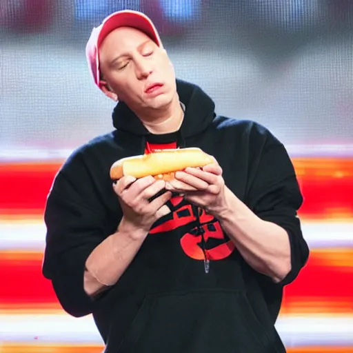 Prompt: Eminem eating a hotdog