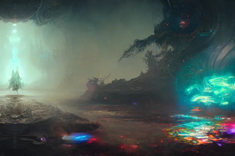 Image similar to a psychedelic realm at the edge of existence where intensely creative astral beings live, in the style of wlop and ruan jia, illustration, epic, fantasy, hyper detailed, smooth, unreal engine, sharp focus, ray tracing