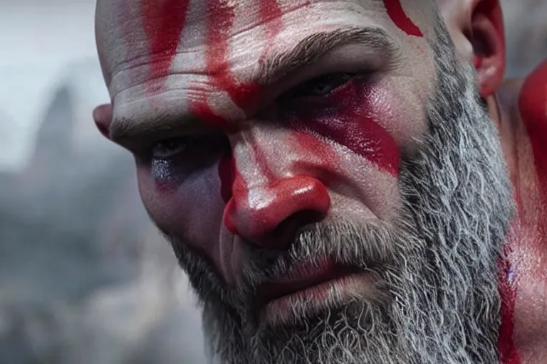 Prompt: vfx movie live action god of war closeup, natural grizzled skin by emmanuel lubezki