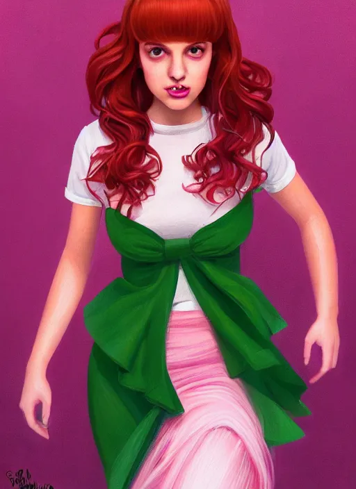 Image similar to full body portrait of teenage cheryl blossom, bangs, green eyes, sultry expression, red hair, sultry smirk, bangs and wavy hair, pink skirt, fat, intricate, elegant, glowing lights, highly detailed, digital painting, artstation, concept art, smooth, sharp focus, illustration, art by wlop, mars ravelo and greg rutkowski