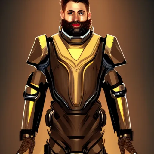 Image similar to Portrait of a man with brown hair and beard in futuristic sci-fi armor, blasters on his belt, digital art, realistic, artstation, detailed