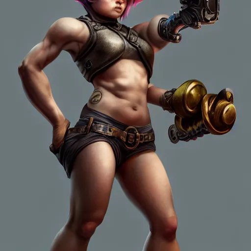 Prompt: beautiful muscular female gnome mechanic, short black pixie undercut hair, prosthetic metal arm, au naturel, hyper detailed, digital art, trending in artstation, cinematic lighting, studio quality, smooth render, unreal engine 5 rendered, octane rendered, art style by klimt and nixeu and ian sprigger and wlop and krenz cushart