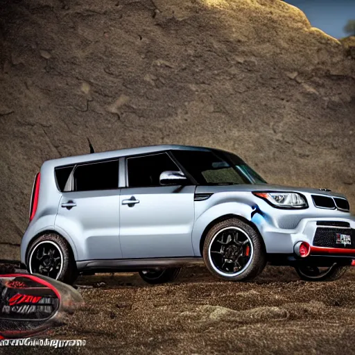 Image similar to Kia Soul, Professional Photography, Lifted, Big Tires, Skyrim, Rock Crawling, Mountain landscape, dirt, road, cinematic color, photorealistic, highly detailed wheels, highly detailed