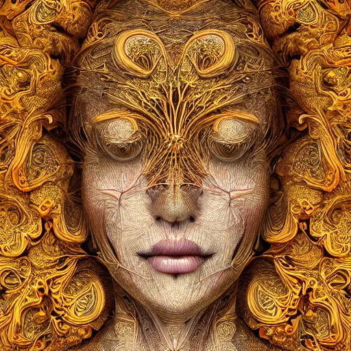 Image similar to face portrait of a beautiful woman, 150 mm, anatomical, flesh, flowers, mandelbrot fractal, veins, arteries, symmetric, intricate, golden ratio, full frame, microscopic, elegant, highly detailed, ornate, ornament, elegant , luxury, beautifully lit, ray trace, octane render in the style of peter Gric , alex grey and Romero Ressendi