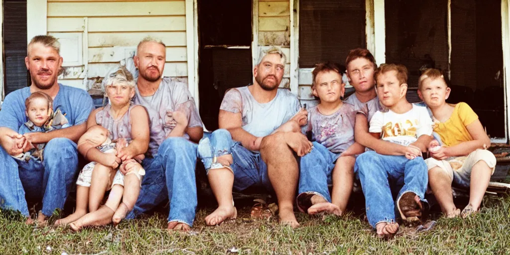 Prompt: close up portrait of white redneck family sitting on front porch of dilapidated house, kodak gold 2 0 0,