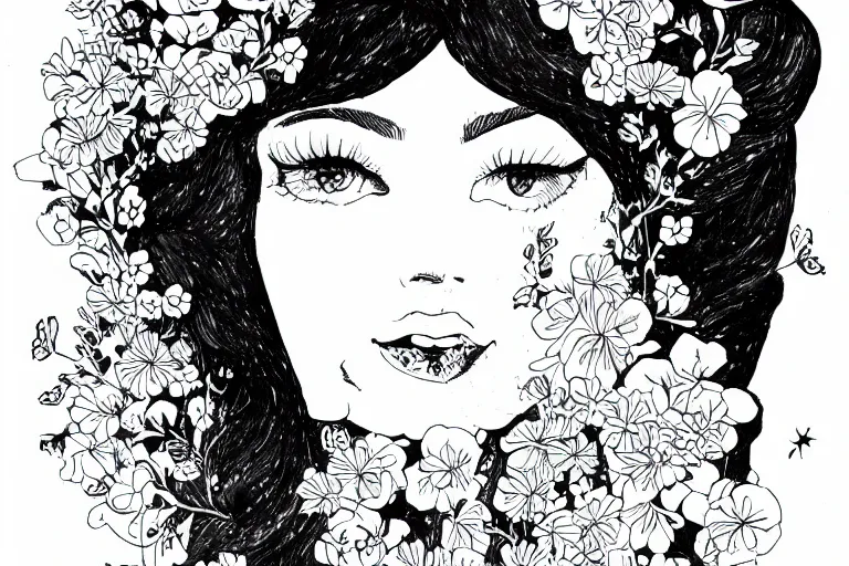 Image similar to beatiful woman surrounded by flowers, beautiful line art, ink illustration, sketch, pure b&w