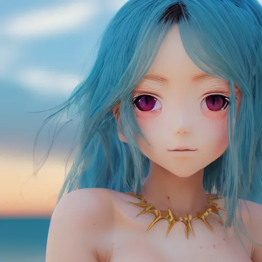 Image similar to Render of a very beautiful 3d anime girl, long sky blue hair, jewelry eyes, cute freckles, full round face, short smile, cute teal sundress, golden hour, serene beach setting, cinematic lightning, medium shot, mid-shot, very very highly detailed, trending on Artstation, Unreal Engine 4k