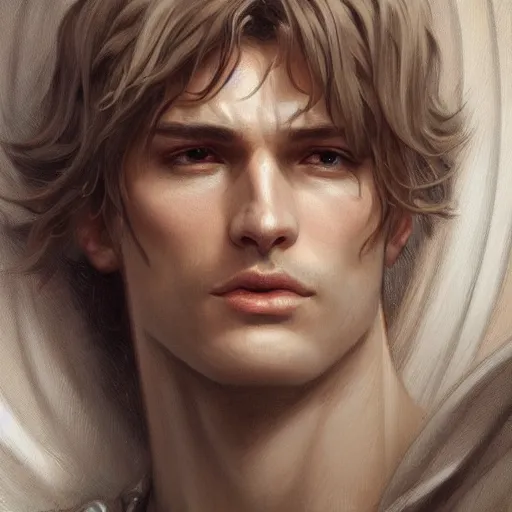 Image similar to up close portrait of a male angel, d & d, face, fantasy, intricate, elegant, highly detailed, digital painting, artstation, concept art, smooth, sharp focus, illustration, art by artgerm and greg rutkowski and alphonse mucha