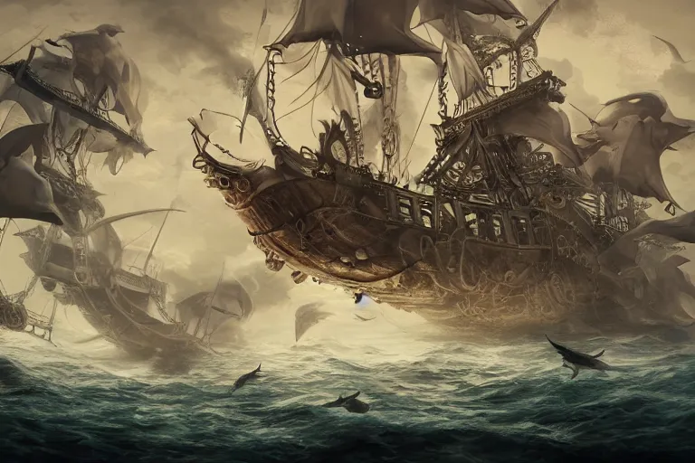 Image similar to elaborate pirate ship surrounded by sharks, low angle, digital painting, mixed media, trending on artstation and deviantart, epic composition, highly detailed, 8 k