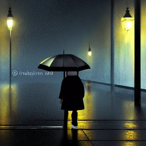 Prompt: A small child a yellow rain coat obscuring his face walking alone in a dark alley,it is raining heavily, scary atmosphere,gloomy lighting, digital art , highly detailed , high contrast, beautiful lighting, award winning , trending on art station, 8k, photo realistic