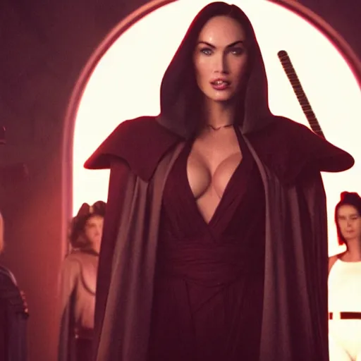 Image similar to Still of Megan Fox on the Jedi Council, Star Wars | Cinematic Lighting, beautiful composition, 8K resolution