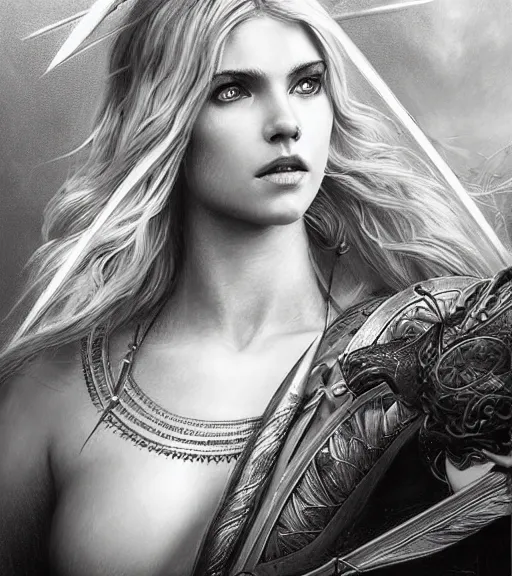 Image similar to portrait of very beautiful aphrodite goddess as an archer, arrow, beautiful piercing eyes, flowing blonde hair, realistic face, black and white drawing, in the style of greg rutkowski, fantasy, amazing detail, epic, intricate, elegant, smooth, sharp focus