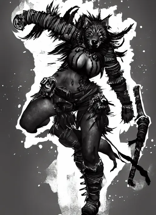 Prompt: Full body portrait of female gnoll mage wielding mystic powers. In style of Yoji Shinkawa and Hyung-tae Kim, trending on ArtStation, dark fantasy, great composition, concept art, highly detailed, dynamic pose.