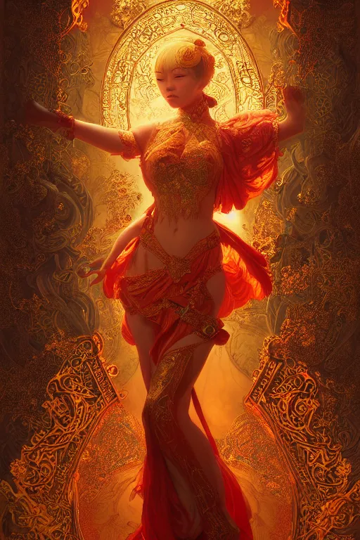 Image similar to tarot card artstation, portrait of an asian love dancer, sunrise, baroque ornamnet and rococo ornament, ancient chinese ornate, hyperdetailed, beautiful lighting, craig mullins, mucha, klimt, yoshitaka amano, red and gold and orange color palatte