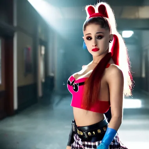 Image similar to Ariana Grande as real-life Harley Quinn, cinematic, Wide-shot, atmospheric lighting, directed by Ti West, extreme detail, 8K, movie still