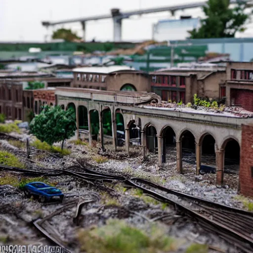 Image similar to a huge model railroad scene of an abandoned city, empty cars, overgrown buildings, zeiss 1 8 mm prime,