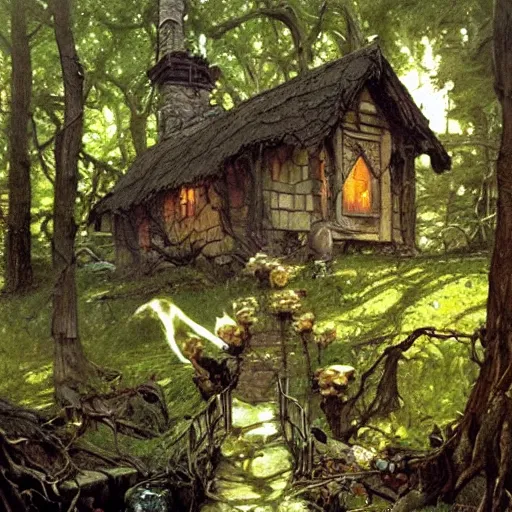 Image similar to witch cottage in the forest, art by norman rockwell and donato giancola and greg rutkowski