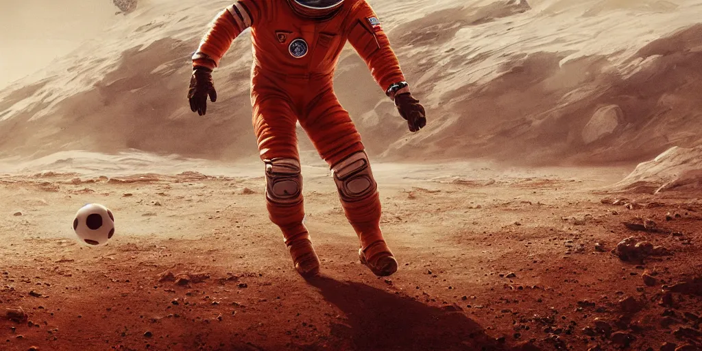 Image similar to ! dream ultra realistic illustration, a soviet astronaut playing soccer on mars, mars landscape, elegant, highly detailed, artstation, concept art, smooth, sharp focus, moody, dramatic lighting