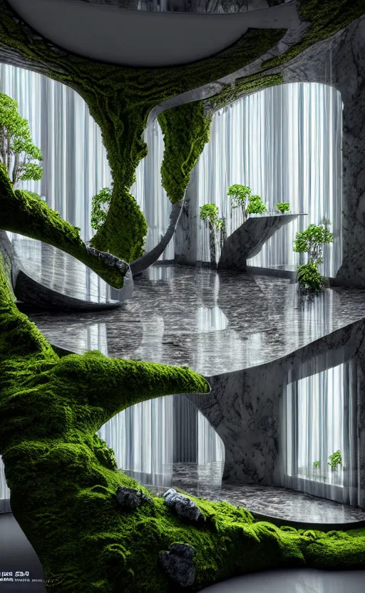 Image similar to highly detailed ultra sharp 3 d render villa interior cinematic composition of a smooth ceramic porcelain biomorphic magnolia stone nebula fluid fractal sci - fi surreal architecture landscape, granite, metallic, magnesium, marble, moss and lichen, vincent callebaut composition, mamou - mani, archviz, beautiful lighting, 8 k, unreal engine, hdr,