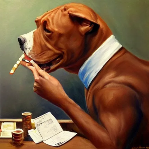 Prompt: a pitbull smoking a cigar while playing poker, painting,